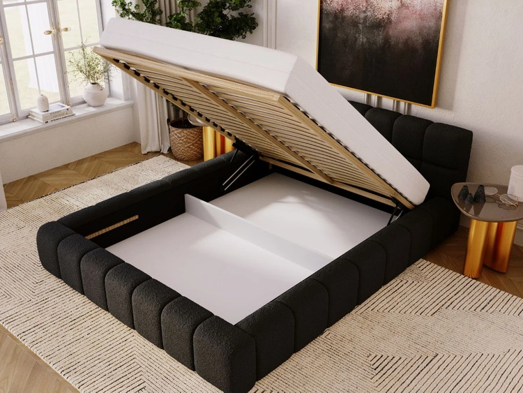 Polsterbett mit Bettkasten und Lattenrost 160x200 Alicante Boucle Schwarz
