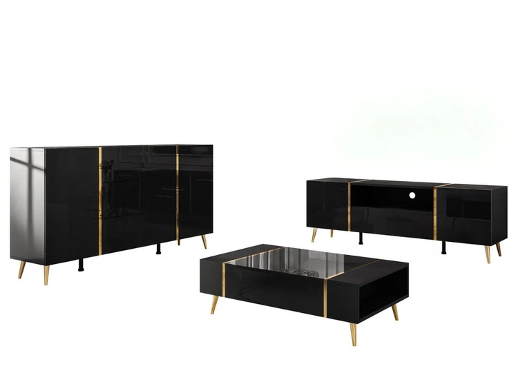 Wohnzimmer-Set im Glamour-Stil auf Beinen Lunelie Schwarz Hochglanz