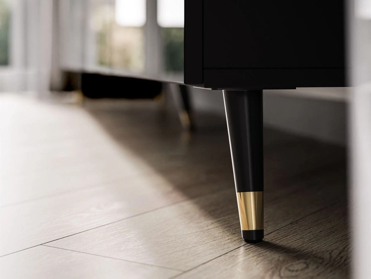 TV-Lowboard mit Türen und LED-Beleuchtung auf Schwarz-Goldenen Metallbeinen 200 cm Noaé Schwarz Hochglanz