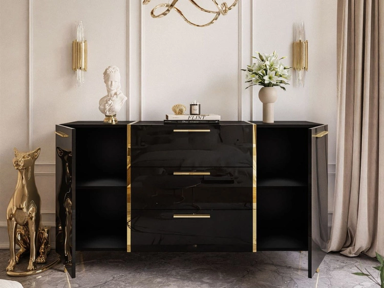 Wohnzimmer-Set im Glamour-Stil auf Beinen Lunelie Schwarz Hochglanz