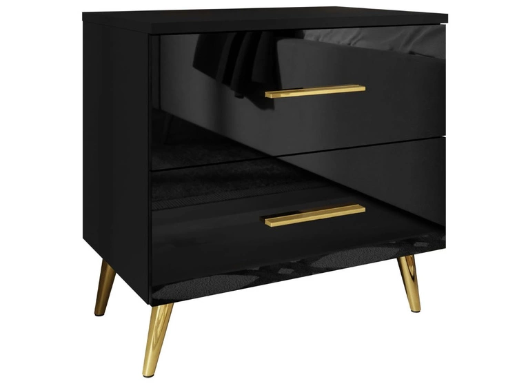 Nachttisch mit Schubladen auf Goldenen Metallbeinen Nuveo Schwarz Hochglanz