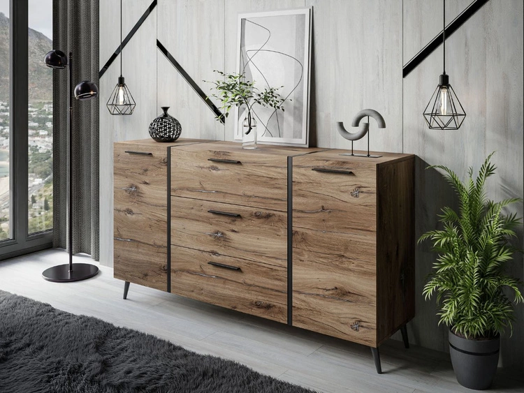 Zweitürige Kommode 158 cm mit drei Schubladen und schwarzen Griffen Lunelie Flagstaff-Eiche