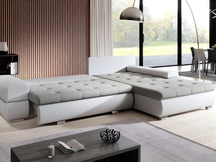 Ecksofa L-Form mit Schlaffunktion und Bettkasten Sonia Grau, Schwarz