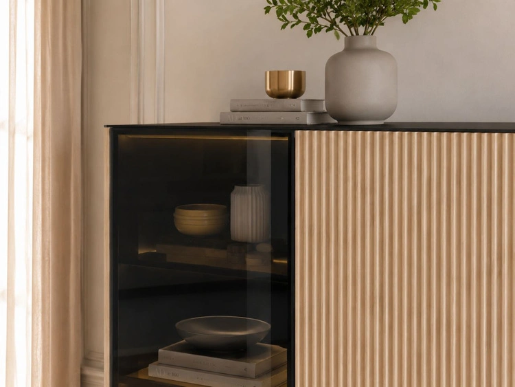 Standvitrine mit einer Glastür, LED-Beleuchtung für das Wohnzimmer Auroé Eiche Vicenza
