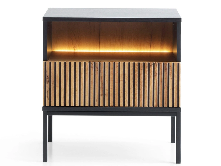 Nachtschrank mit Schublade und Led Deo Schwarz, Eiche Wotan