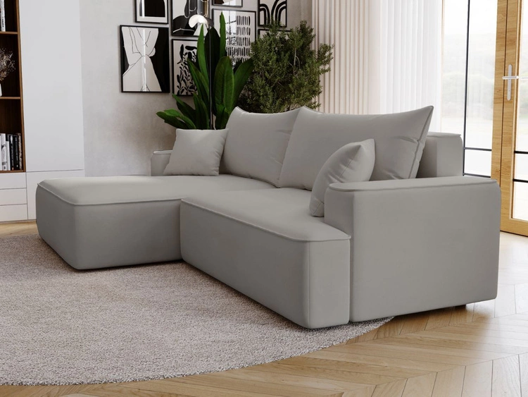 Ecksofa L-Form Links mit Schlaffunktion und Bettkasten California Hellgrau
