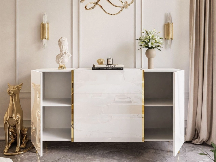 Wohnzimmer-Set mit goldenen Metallbeinen im Glamour-Stil Lunelie Weiß Hochglanz