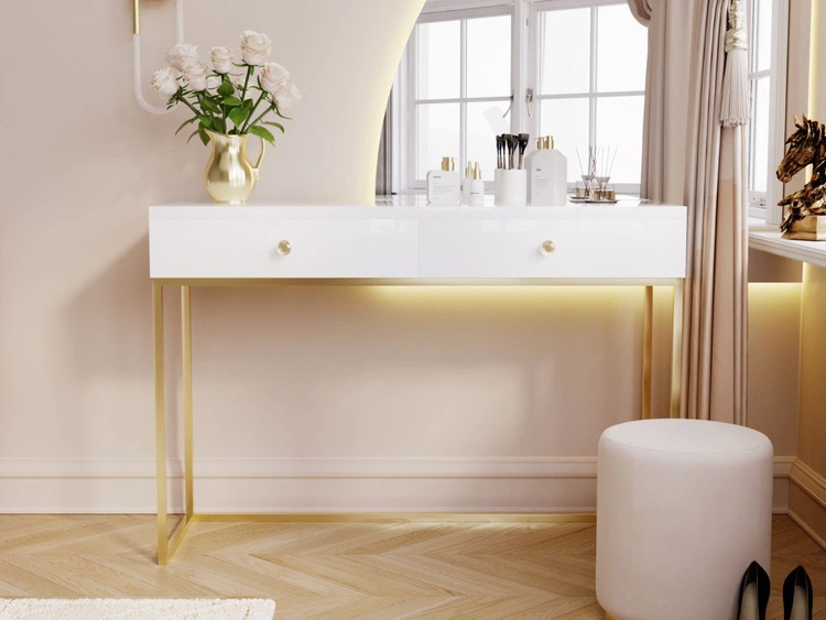 Schminktisch mit Schubladen Belleza Weiß Hochglanz Gold Frame