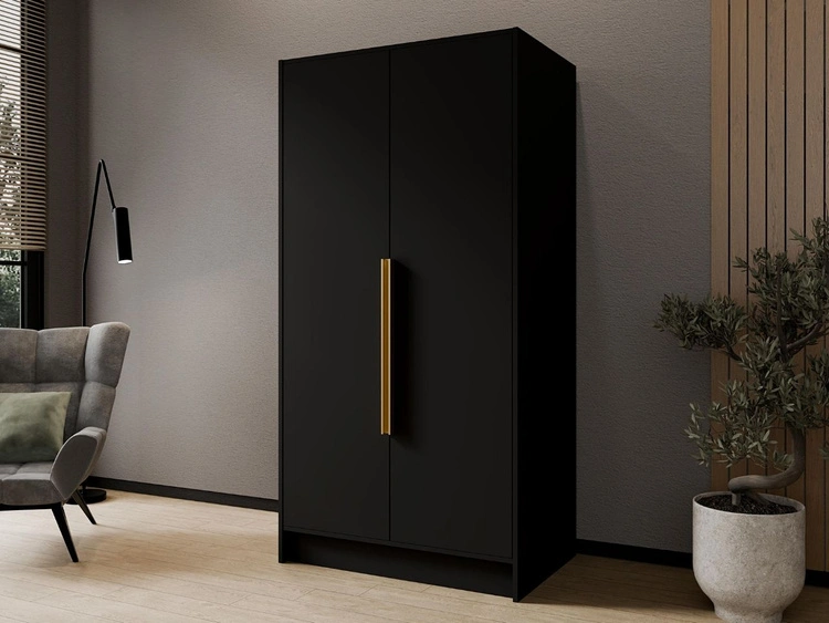 Kleiderschrank 100 cm Perugia Schwarz mit goldenen Griffen