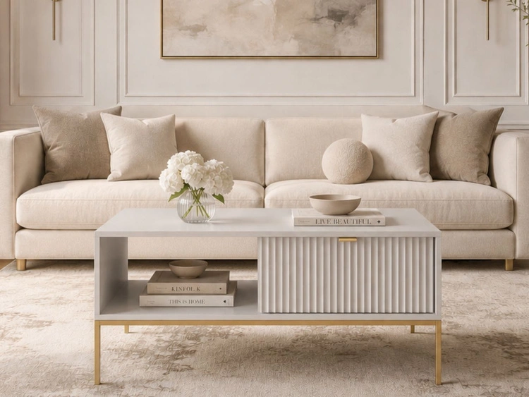 Couchtisch mit Stauraum Amber Grau auf goldenen Beinen
