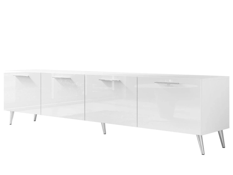 TV-Lowboard mit Türen und LED-Beleuchtung auf Silbernen Metallbeinen 200 cm Noaé Weiß Hochglanz