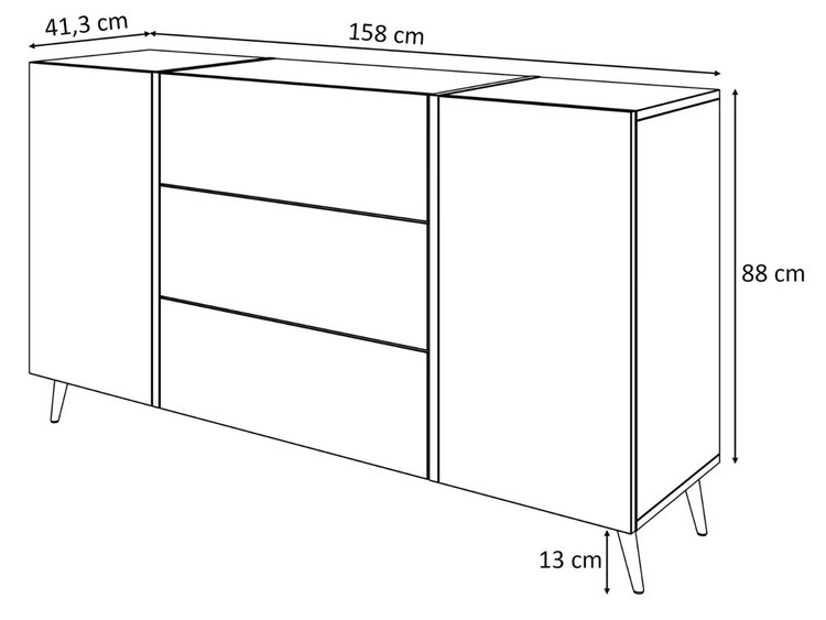 Zweitürige Kommode 158 cm mit drei Schubladen und Metallbeinen Lunelie Schwarzglanz