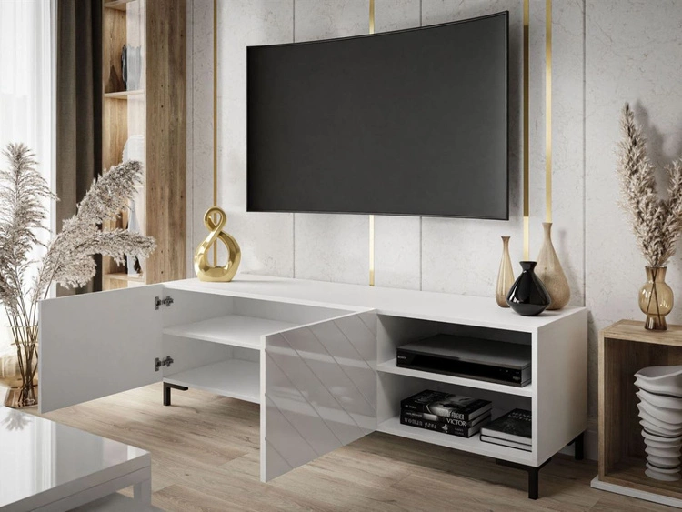 TV-Schrank im Glamour-Stil mit gefrästen Fronten und schwarzen Beinen Vionel Weiß glänzend