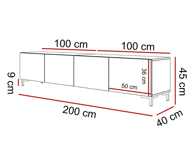 TV-Lowboard mit Türen auf Schwarzen Beinen 200 cm Nodoo Weiß Hochglanz