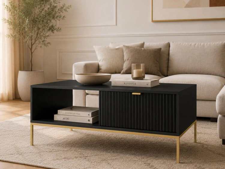 Couchtisch mit Stauraum Amber Schwarz, Gold Frame
