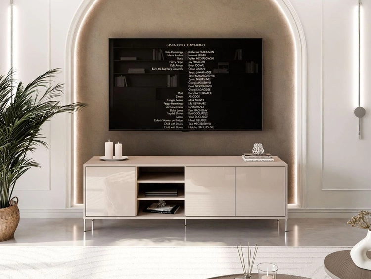 TV-Lowboard im Glamour-Stil mit Türen auf geraden silbernen Füßen Vivance, Kaschmir Hochglanz