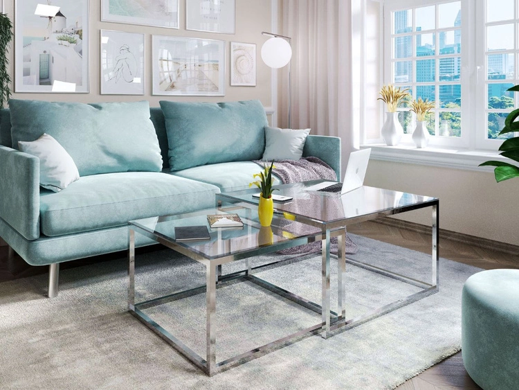 Couchtisch Asumi mit verchromtem Gestell und transparenter Glasplatte 35x41
