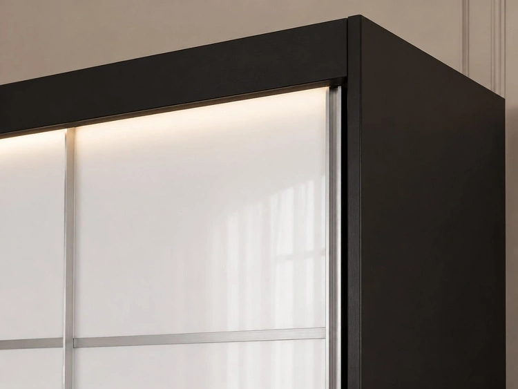 Schiebetürenschrank mit Sprossen 250 cm mit LED-Beleuchtung Ponti Schwarz, Weiß