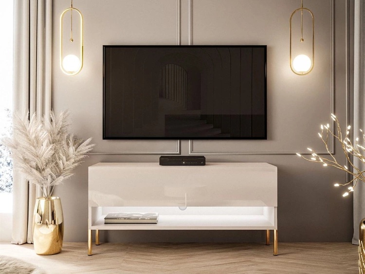 TV-Schrank 90 cm mit LED-Beleuchtung und goldenen Metallbeinen Aurelie Kaschmir Hochglanz