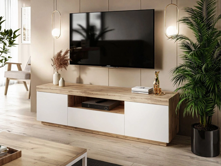 TV-Lowboard Asumi mit Türen und Schublade – Weiß matt und Eiche Wotan