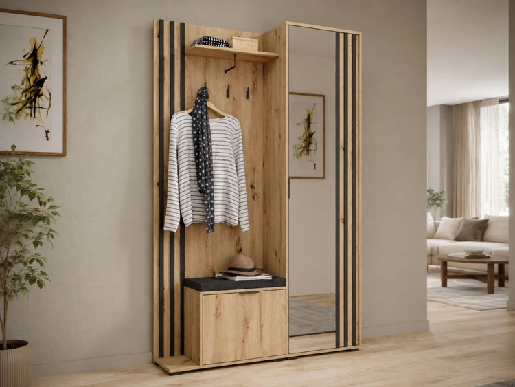 Garderobe mit Spiegel und Kleiderhaken Graphit, Artisan Eiche