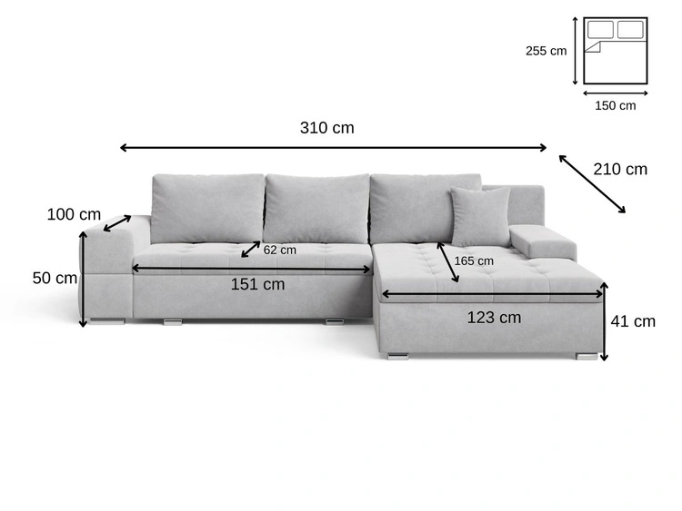 Ecksofa L-Form mit Schlaffunktion und Bettkasten Sonia Grau