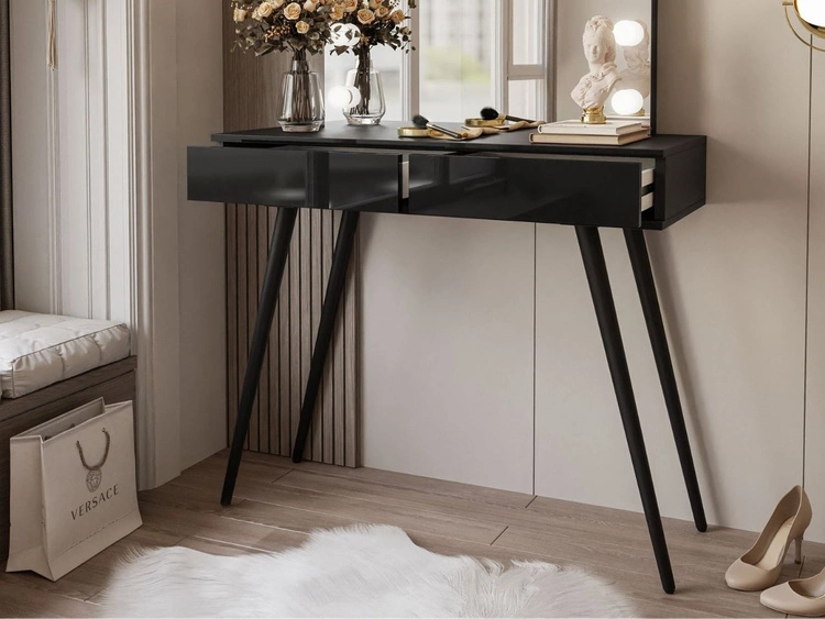 Schminktisch im Glamour-Stil mit Schubladen, Schwarzen Beinen und LED-Beleuchtung Olivine Elite Schwarz Hochglanz