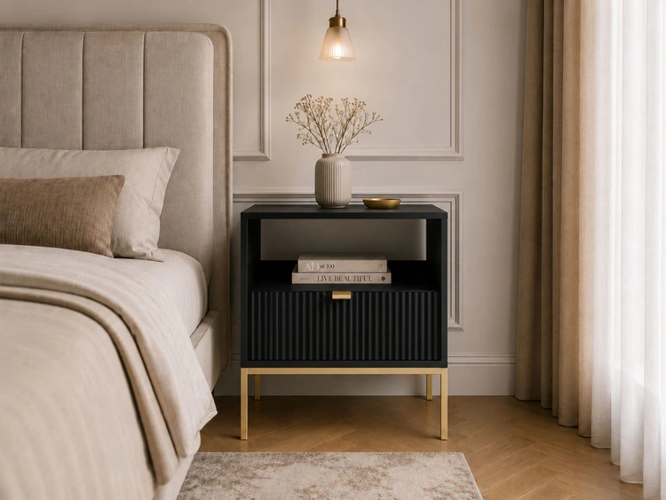 Nachtschrank mit Schublade Amber Schwarz, Gold Frame