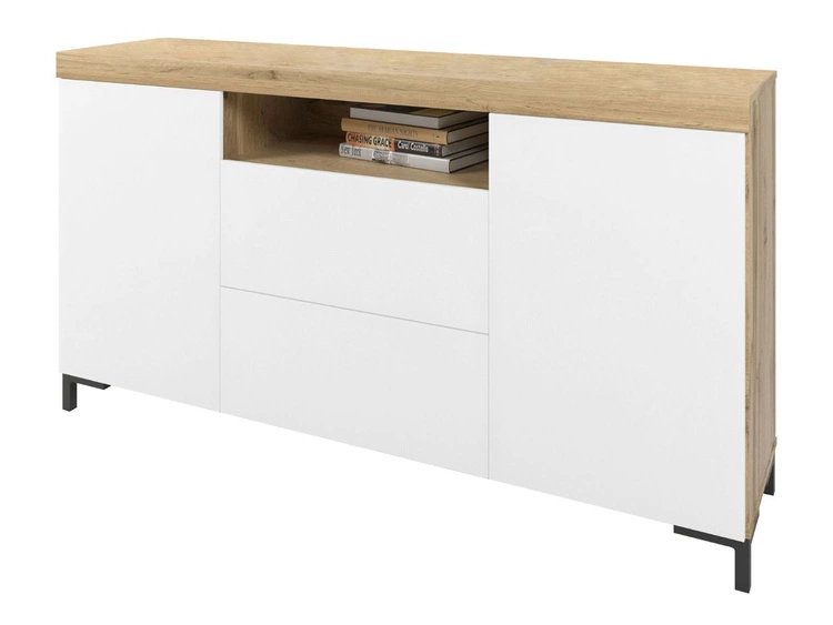 Wohnzimmer-Set – TV-Schrank und Kommode auf schwarzen Füßen Asumi Weiß und Eiche Wotan