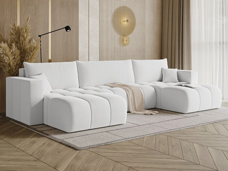 Wohnlandschaft mit Schlaffunktion und Bettkasten Neva Bouclé-Stoff Weiß