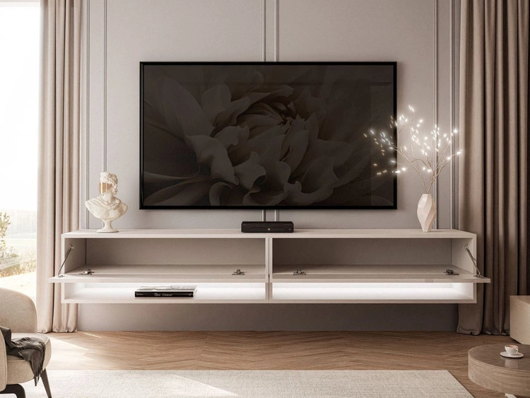 Hänge TV-Schrank 180 cm für Wohnzimmer mit LED-Beleuchtung Aurelie Kaschmir Hochglanz