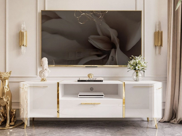 Wohnzimmer-Set mit goldenen Metallbeinen und goldenen Griffen Lunelie Weiß Hochglanz