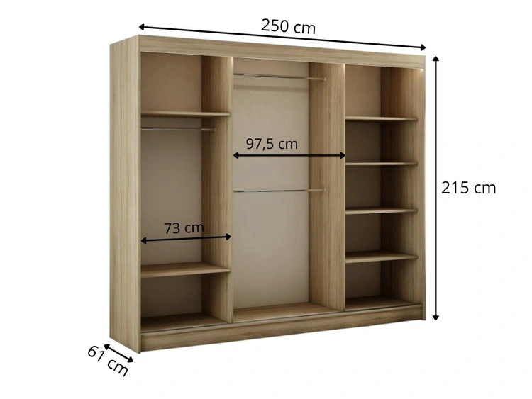 Schiebetürenschrank mit Sprossen 250 cm mit LED-Beleuchtung Ponti Eiche Sonoma, Weiß