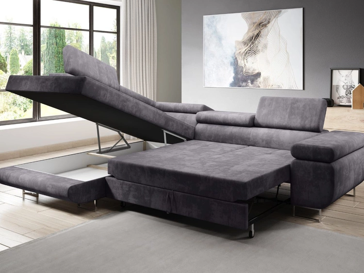 Ecksofa L-Form Links mit Schlaffunktion und Bettkasten Solam L Dunkelgrau