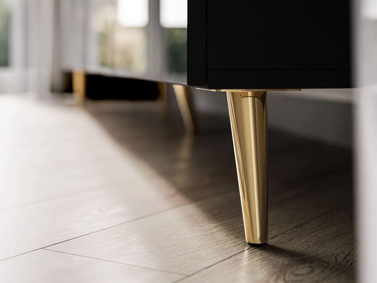 Wohnwand für das Wohnzimmer mit LED-Beleuchtung auf Goldenen Metallbeinen Noaé Schwarz Hochglanz