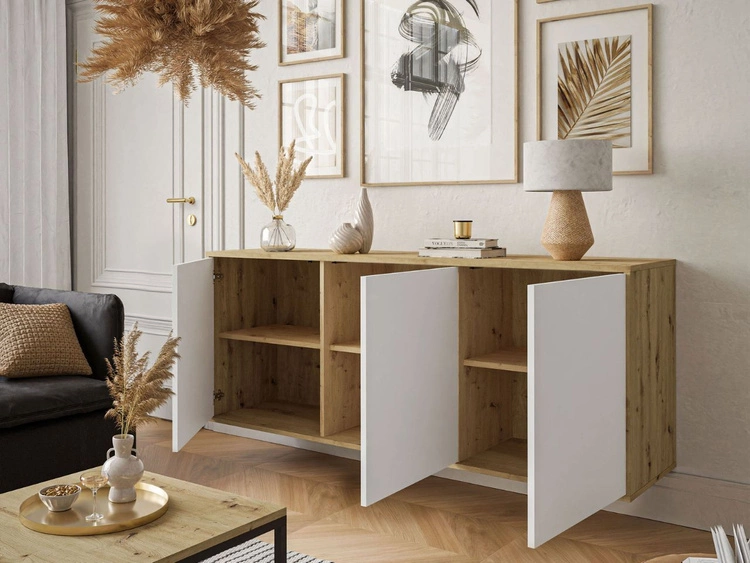 Dreitürige Kommode 154 cm im Loft-Stil auf schwarzem Gestell – Vivance, Weiß matt & Eiche Artisan