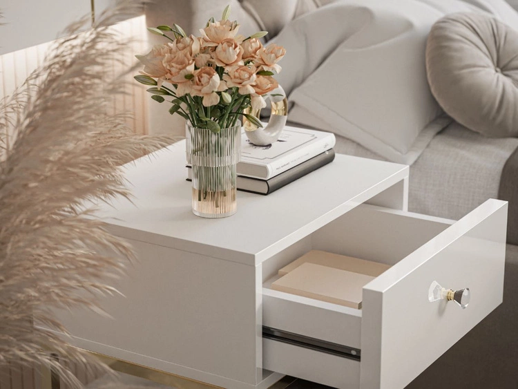 Nachttisch Glamour mit Schublade und goldenem Gestell Brisa Weiß Hochglanz