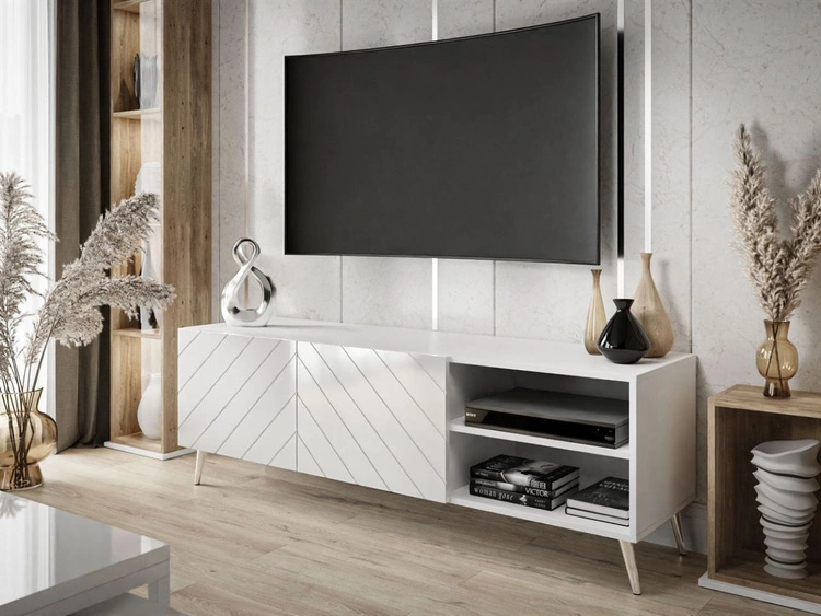 TV-Schrank mit gefrästen Fronten und verchromten Metallbeinen Vionel Weiß glänzend