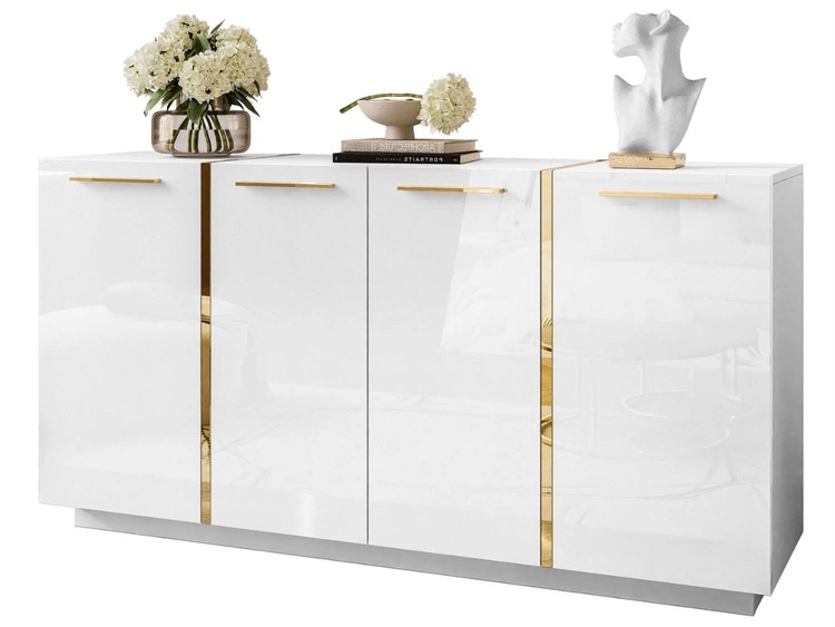 Viertürige Kommode 158 cm Glamour-Stil mit goldenen Griffen Lunelie Weißglanz