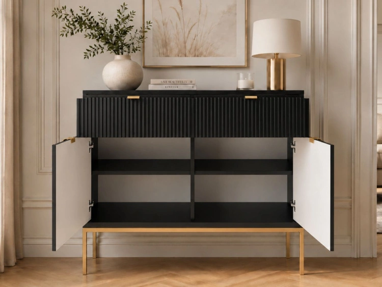 Kommode mit Türen und Schubladen Amber Schwarz, Gold Frame