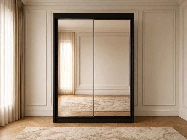 Schiebetürenschrank 150 cm mit Spiegel und LED-Beleuchtung Luzio Schwarz
