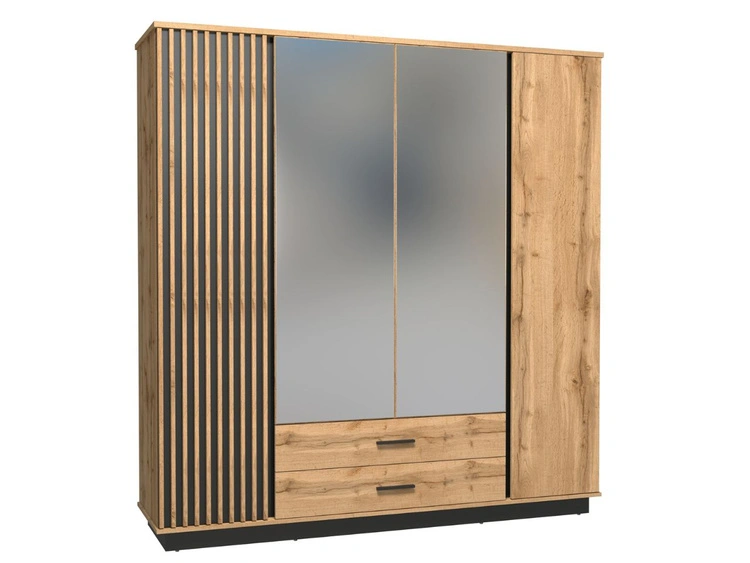 Spiegelschrank 200 cm mit Lamellen und Schubladen für das Schlafzimmer Lavore Wotan Eiche, Schwarz matt