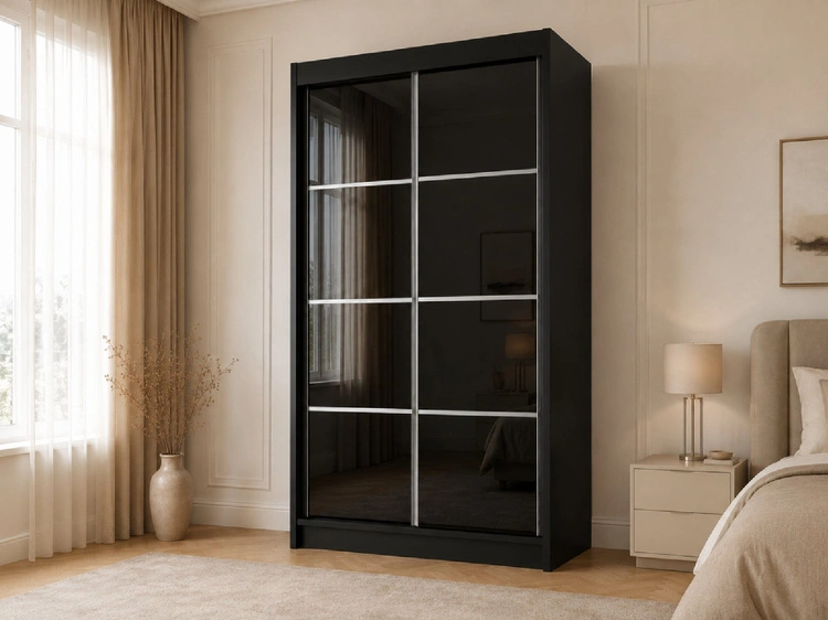 Schiebetürenschrank mit Sprossen 120 cm mit LED-Beleuchtung Ponti Schwarz