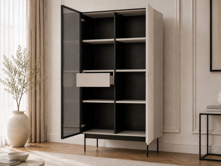 Standvitrine mit einer Glastür, LED-Beleuchtung und Schublade für das Wohnzimmer Auroé Kaschmir