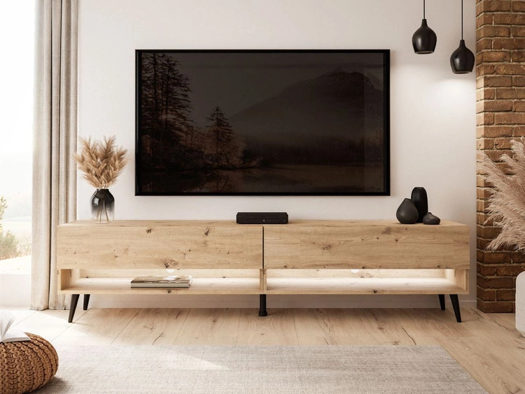 TV-Schrank 180 cm mit LED-Beleuchtung und schwarzen Beinen Aurelie Artisan Eiche
