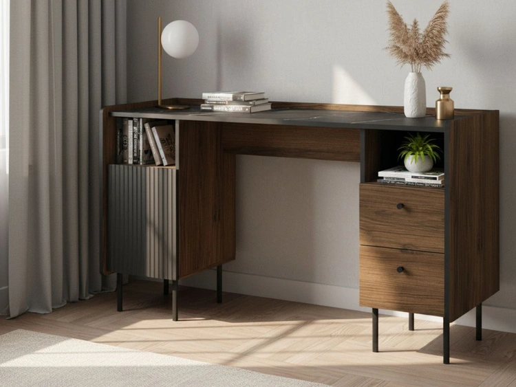 Schreibtisch mit Schubladen und Schrank Nussbaum Warmia, Schwarz