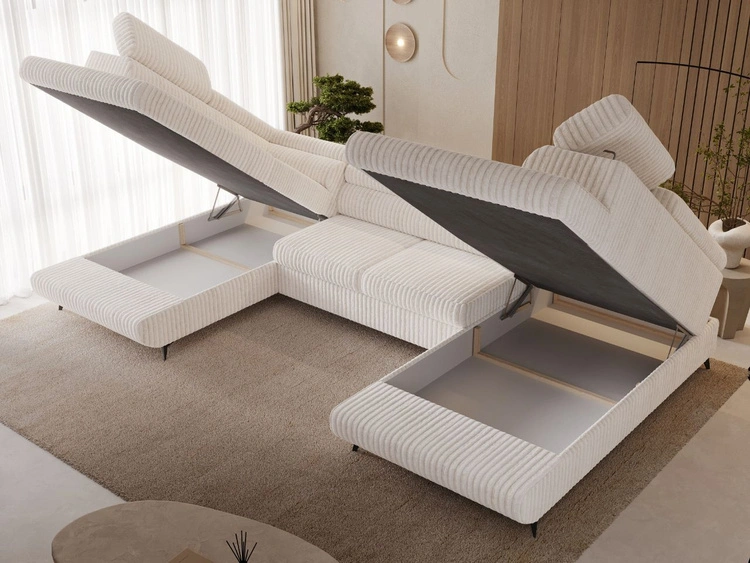 Wohnlandschaft mit Schlaffunktion und Bettkasten Argon Creme