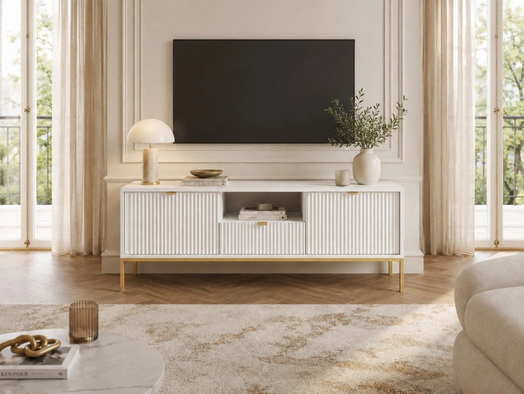 TV-Lowboard mit Schublade und Türen Amber Weiß, Gold Frame