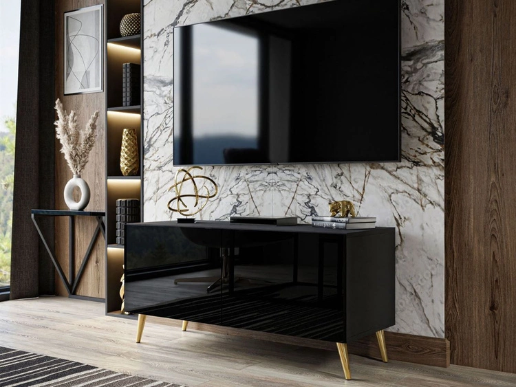 TV-Lowboard mit Türen und LED-Beleuchtung auf Goldenen Metallbeinen 100 cm Noaé Schwarz Hochglanz