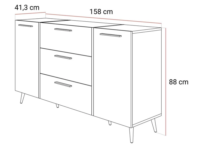 Zweitürige Kommode 158 cm mit drei Schubladen und goldenen Griffen Lunelie Kaschmirglanz
